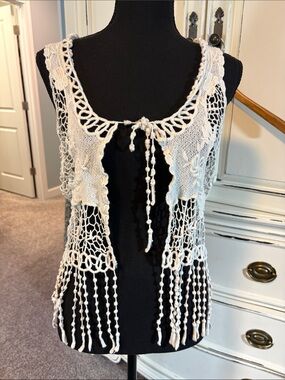 Crochet Fringe Open-Front Women's Sweater Vest - Cream